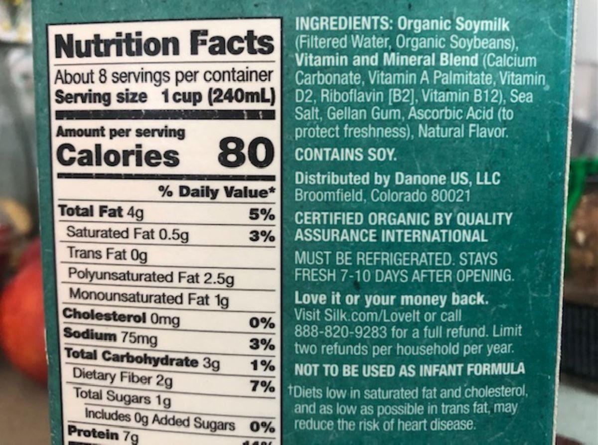 Photo of the nutrition facts label and ingredients on a soy milk carton