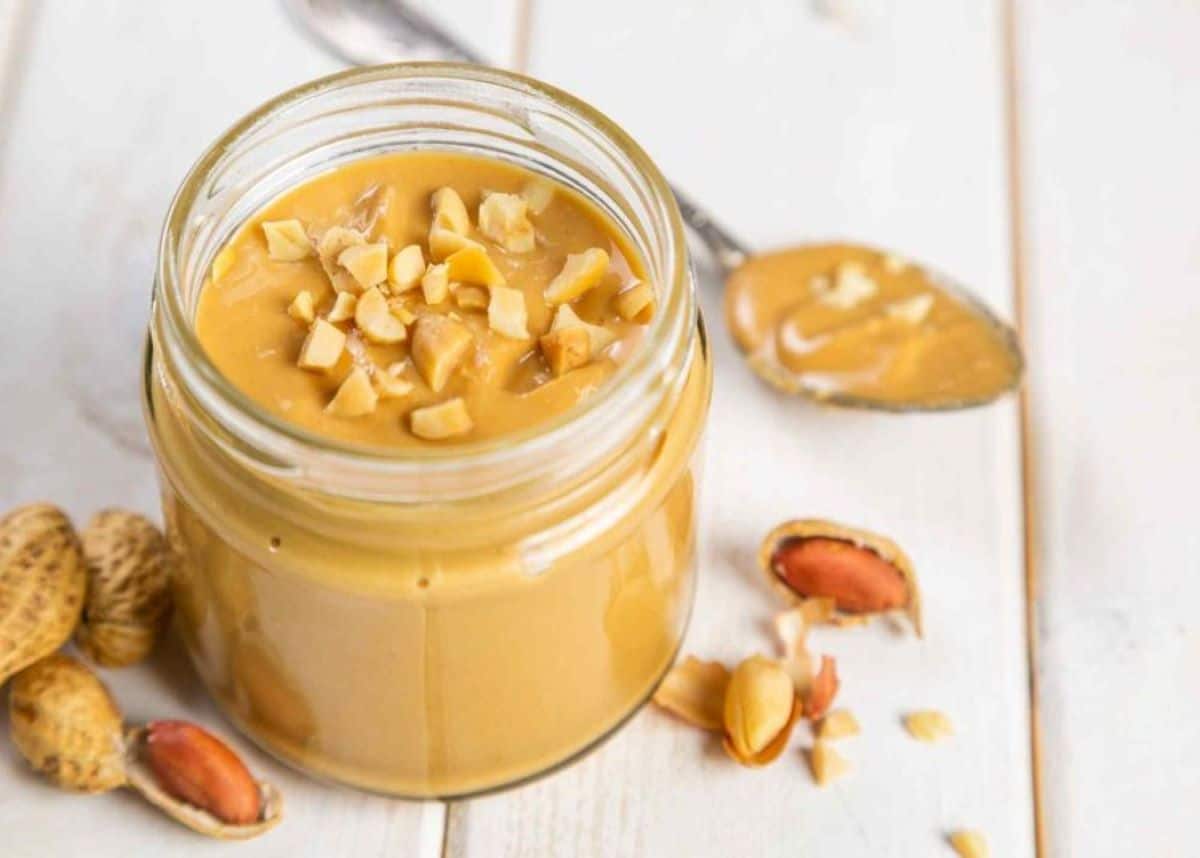 Jar of peanut butter on a table