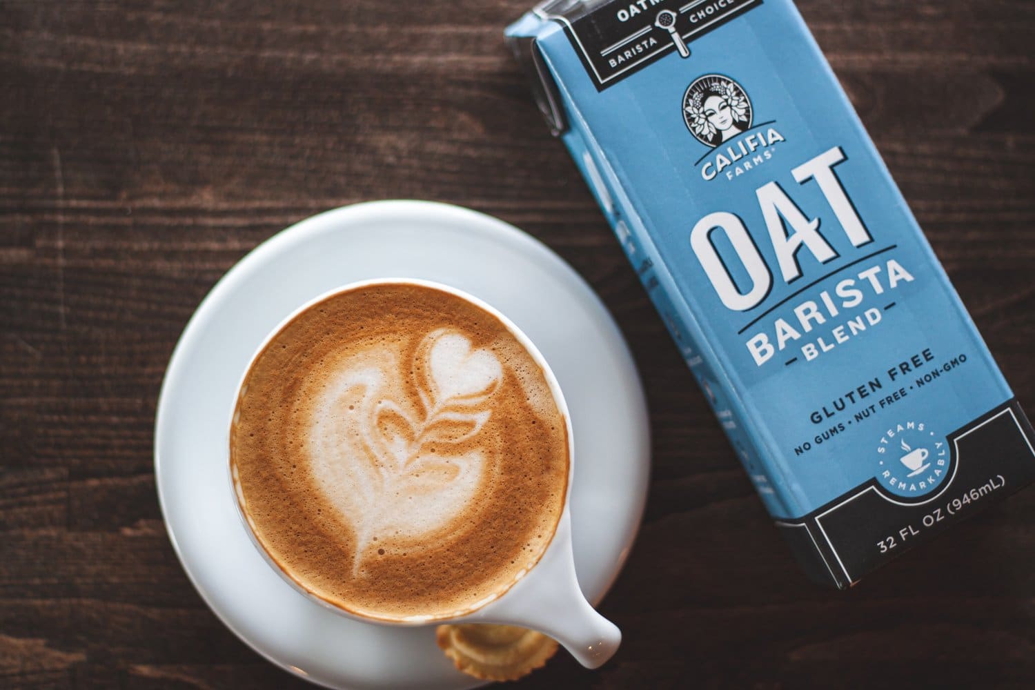 Oat milk latte in white coffee cup