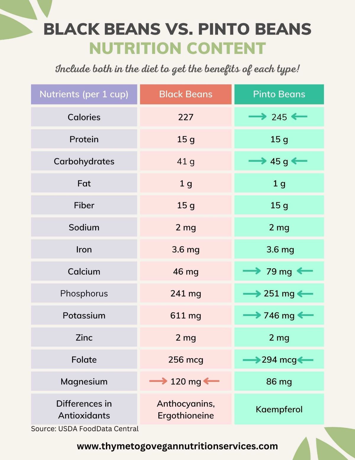 Infographic comparing the nutrition profile of black beans and pinto beans