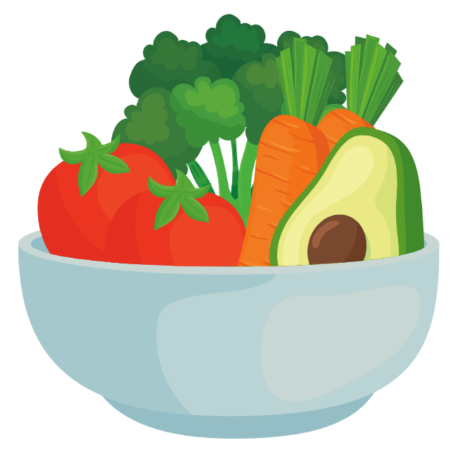 Illustration of a bowl filled with tomatoes, avocado, carrots, and broccoli